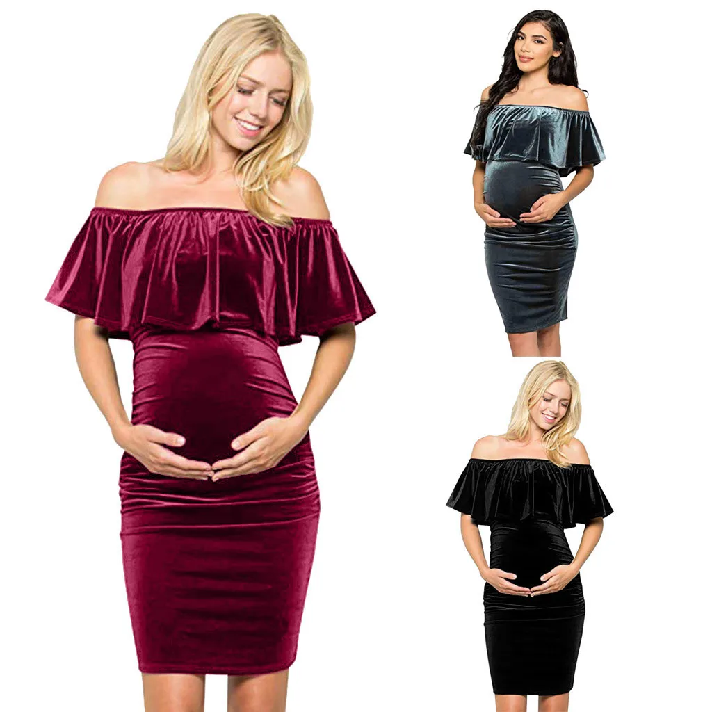

Maternity Dress Premium Soft Stretch Cold Shoulder Photography Party Dress Clothes