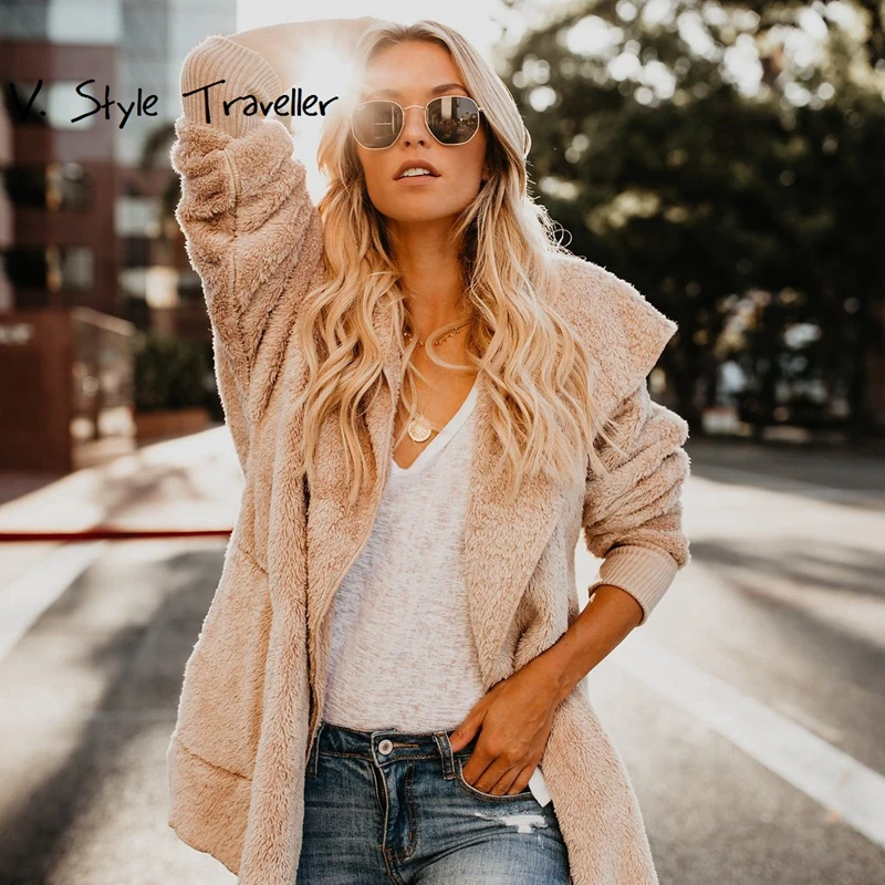 Casual Flannel Long Poncho Coat Women Ivory Hooded Jumper