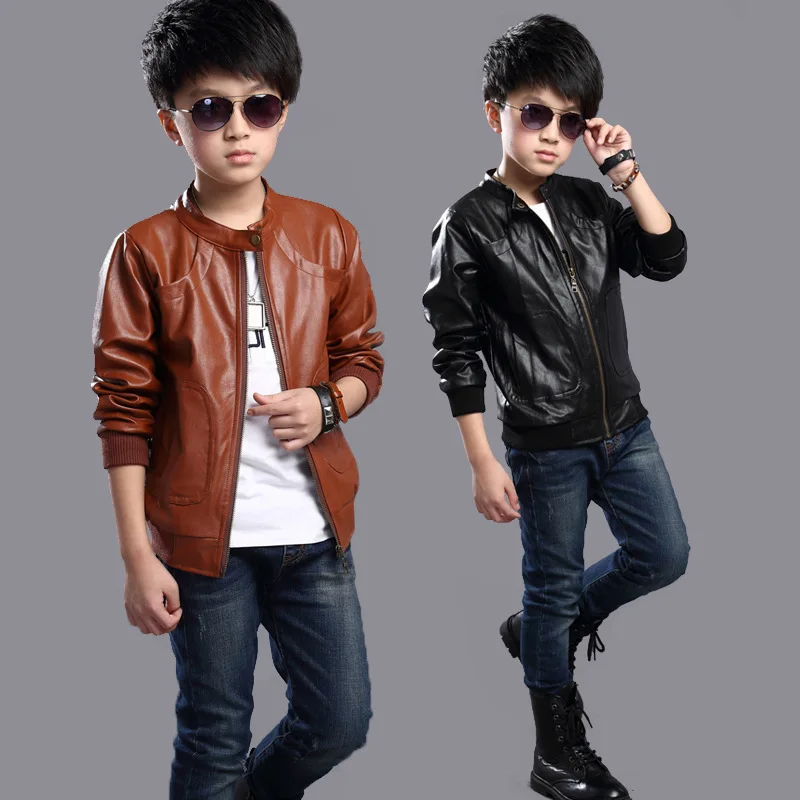 Новая кожаная куртка для мальчиков с круглым вырезом; Цвет черный, коричневый; Детские пальто; Chaquetas Nino; пальто для мальчиков; 7CT001