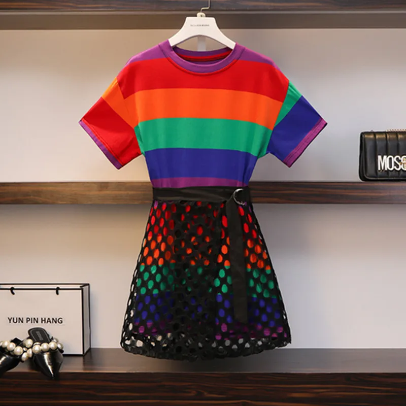

High Quality Women 2 Piece Set Rainbow Striped T Shirt Long T-Shirt Dress + Hollow Out Lace Skirt Suits 2019 Summer Skirts Set