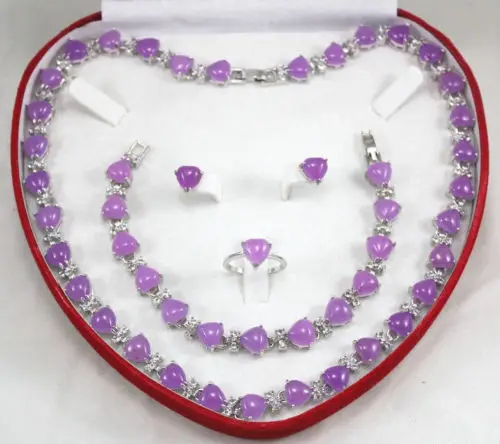 

Hot sell Noble- FREE SHIPPING>>@> Free shipping heart shape natural Purple jade necklace bracelet Stud earring Ring Jewelry Sets