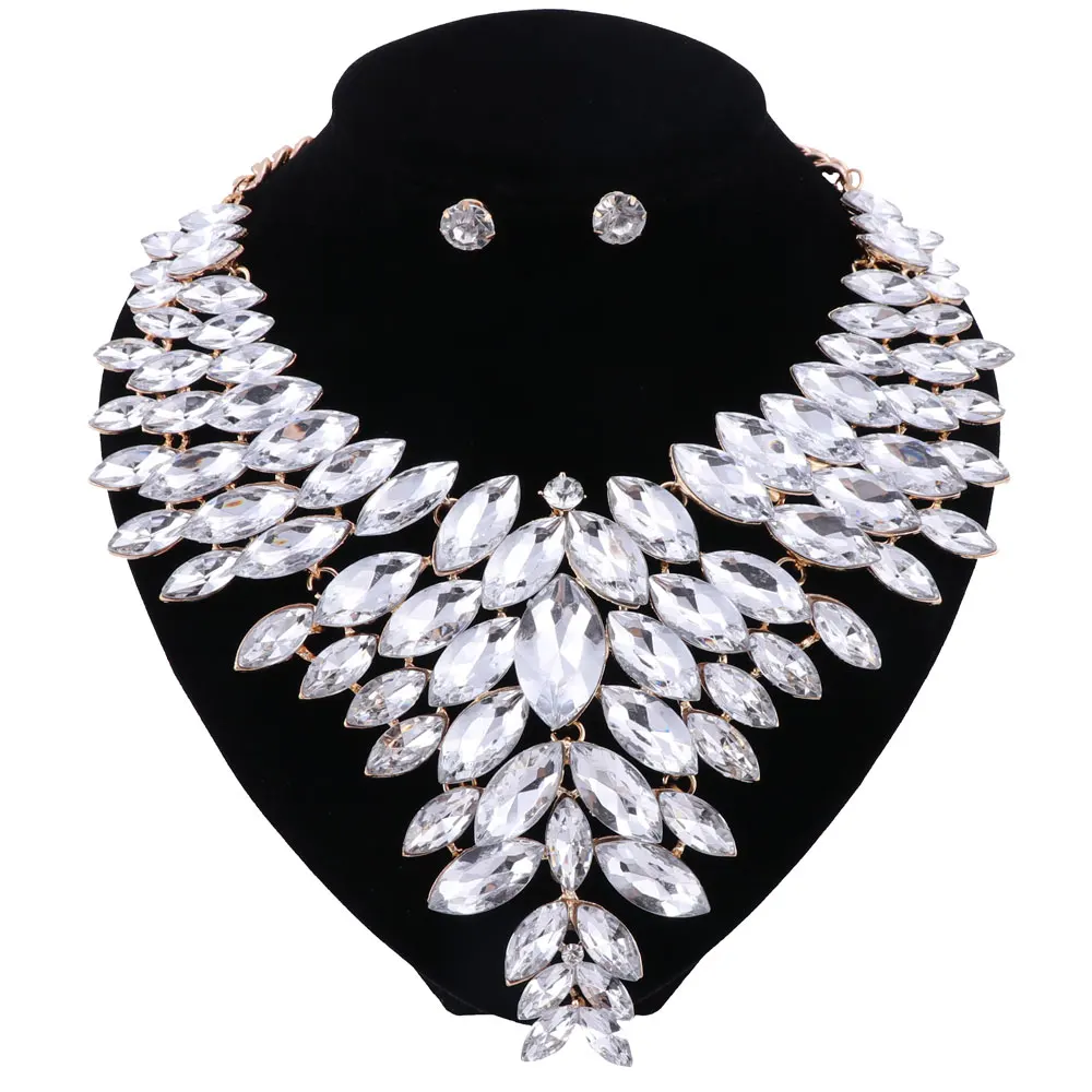 Women Crystal Jewelry Set Gold Color Fashion Necklace Earring African Costume Nigerian Wedding Accessories | Украшения и