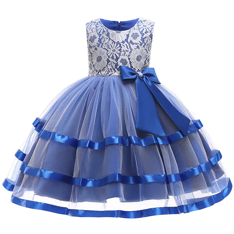 Платье с цветочным узором для маленьких девочек, кружевное нарядное платье-пачка принцессы, платье для девочек 2, 4, 6, 7, 8, 10 лет, вечеринка дня рождения события, платье для выпускного вечера - Цвет: Синий