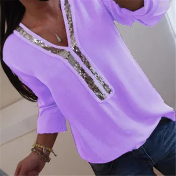 

Women Sexy V-neck Sequins Chiffon Blouse Spring Summer Shirt Elegant Office Lady Blouses Plus Size S-5XL blusa Tops