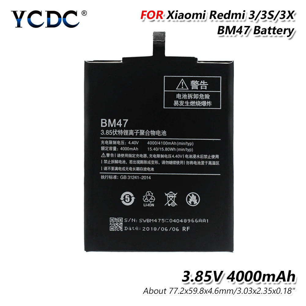 

77.2x59.8x4.6mm Large Capacity 4000mAh Phone Battery Replacement For Xiaomi Redmi 3 3X 3S BM47 3.85V 4000mAh Lithium Battery