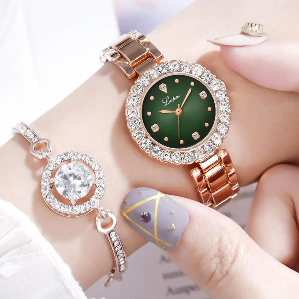 Роскошные Алмазные зеленые часы женские часы со стразами браслет набор женские ювелирные изделия Модные розовое золото Звездные кварцевые часы для леди подарок