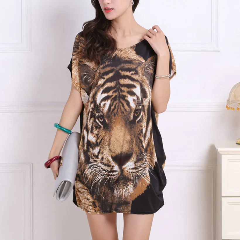 

New summer spring 2019 Fashion Women short sleeve Dresses Plus Size tunic Dress Loose Print casual tops L-5XL tiger head leopar