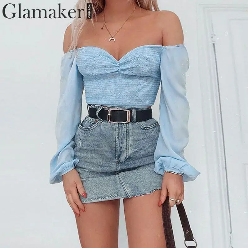 

Glamaker Fold off shoulder shirt women blouse top female Daily blue vintage shirt ladies blouses long sleeve shirts feminina2019