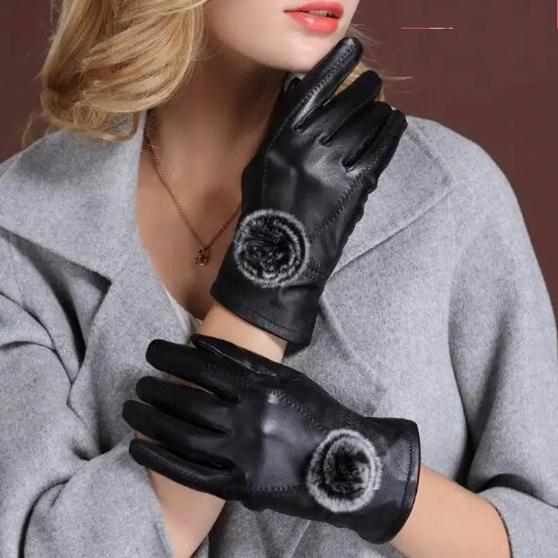 Winter Women Sheepskin Genuine Leather Gloves Rabbit Fur Line Solid