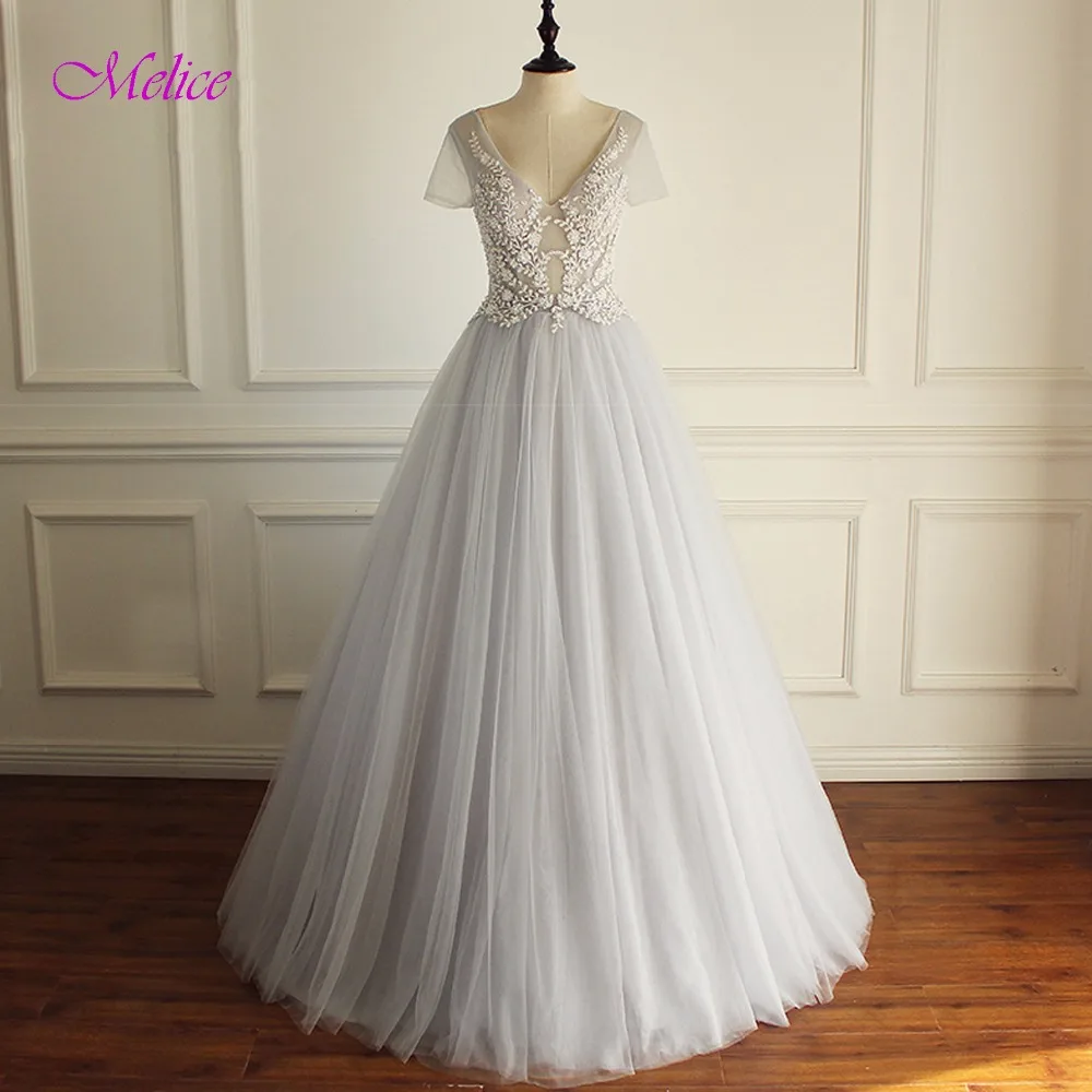 

Melice Designer Charming V-Neck Lace Up A-Line Wedding Dress 2020 Appliques Short Sleeve Bohemian Wedding Gown Vestido de Noiva