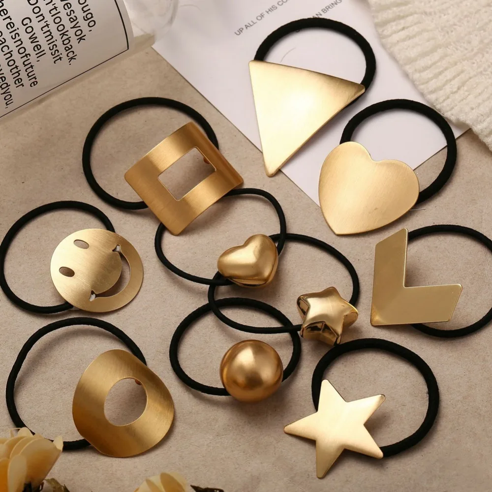 

Hair Accessories Gold Color Metal Elastic Hair Bands for Women Geometric Triangle Round Ball Heart Hair Rope Ponytail Holder