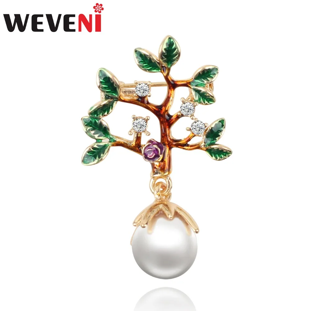 WEVENI Enamel Alloy Tree Leaf Rose Brooches Rhinestone Pearl Scarf Clothes Decoration Pin For Women Lady Girls Novelty Jewelry | Украшения