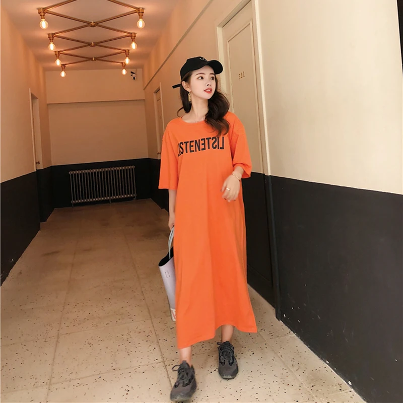 

2019 Women's Summer New Dress Loose Large Size Letter Dress Long Paragraph Casual Simple Tide Brand T-shirt Dress Vestido LQ447