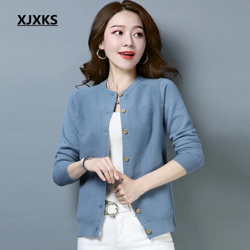

XJXKS knitted young ladies cardigan sweater 2018 new arrivals fashion stretch single breasted women sweaters coat