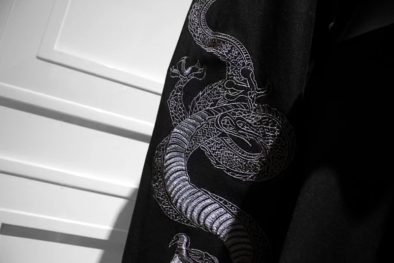 Японский Harajuku Модные женские черные толстовки дракон вышивка укороченный Топы Повседневная Уличная Короткая Толстовка с ремешком клип