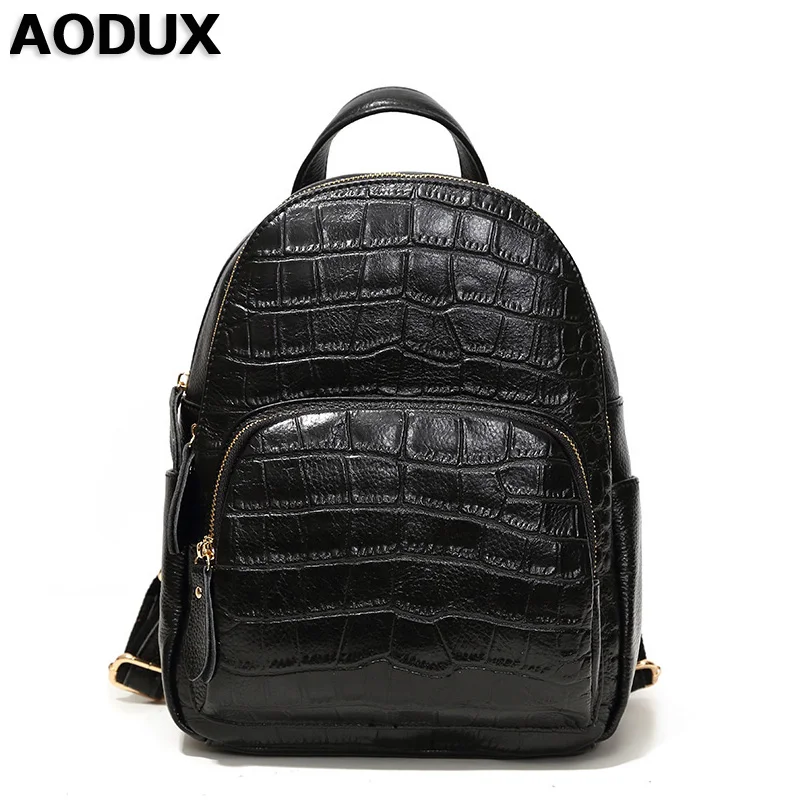 

AODUX Backpacks Genuine Leather Women Ladies Stone Pattern Backpack Cowhide Girl School Bag Light Gray/Gray/Taro/Dark Blue/Black