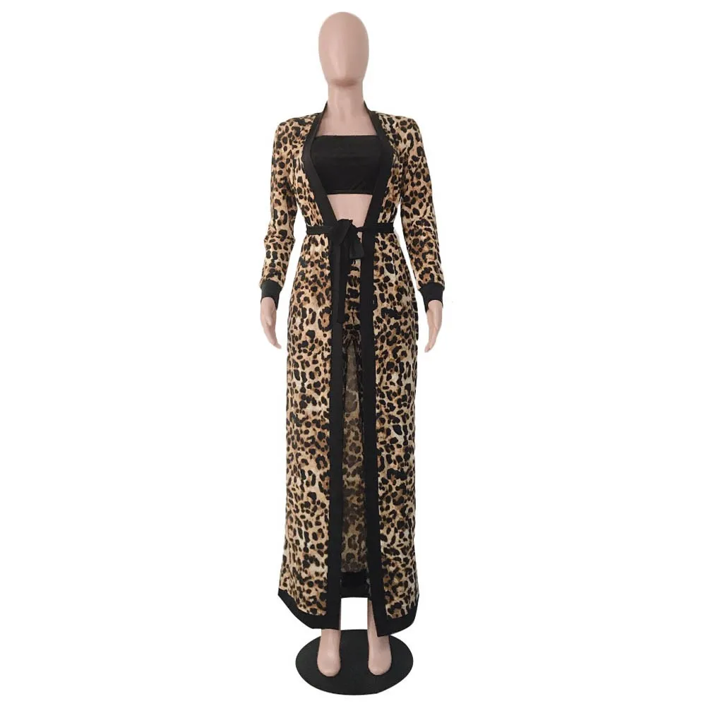 JAYCOSIN, Женский комплект одежды, сексуальный леопардовый комплект из 4 предметов: жилет+ длинная куртка+ штаны+ пояс, осенне-зимние модные повседневные комплекты