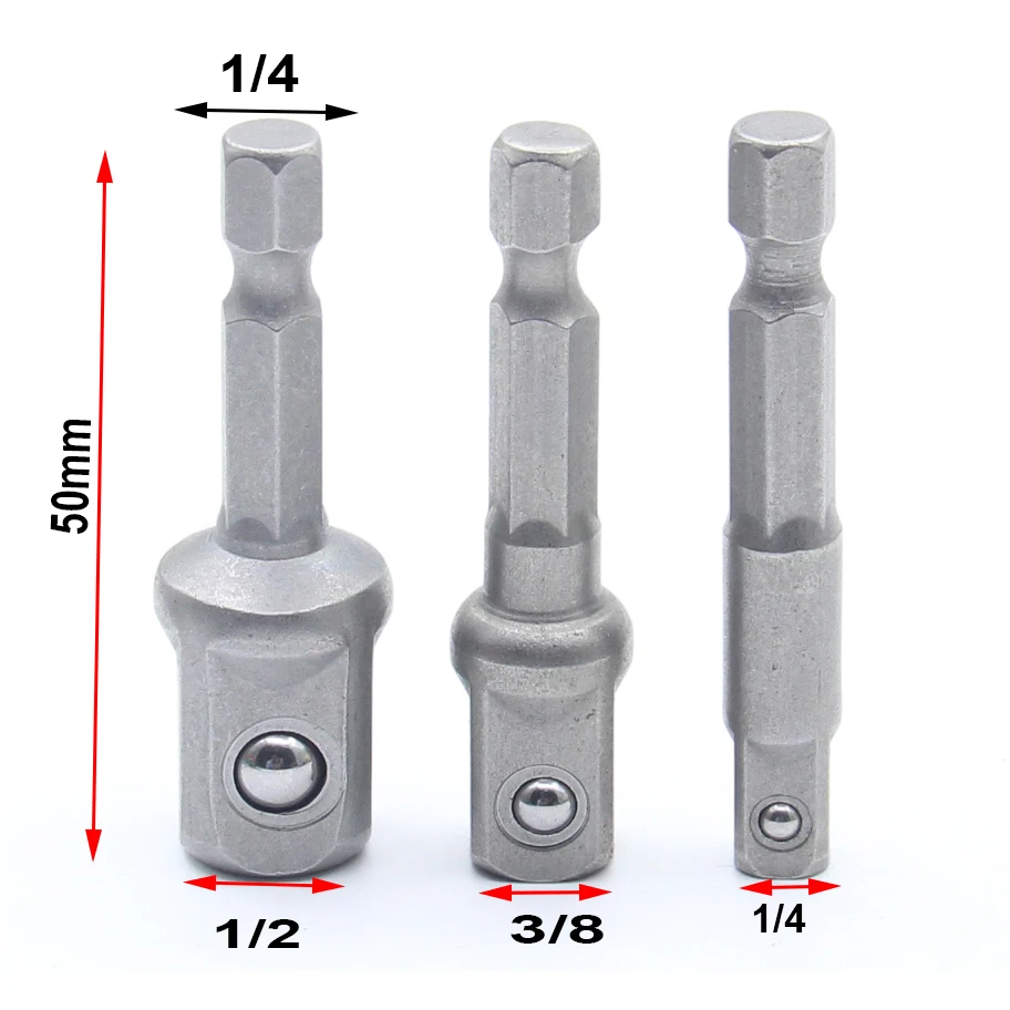 

3pcs Chrome Vanadium Steel Socket Adapter Set Hex Shank 1/4" 3/8" 1/2" Extension Drill Bits Bar Set Power Tools