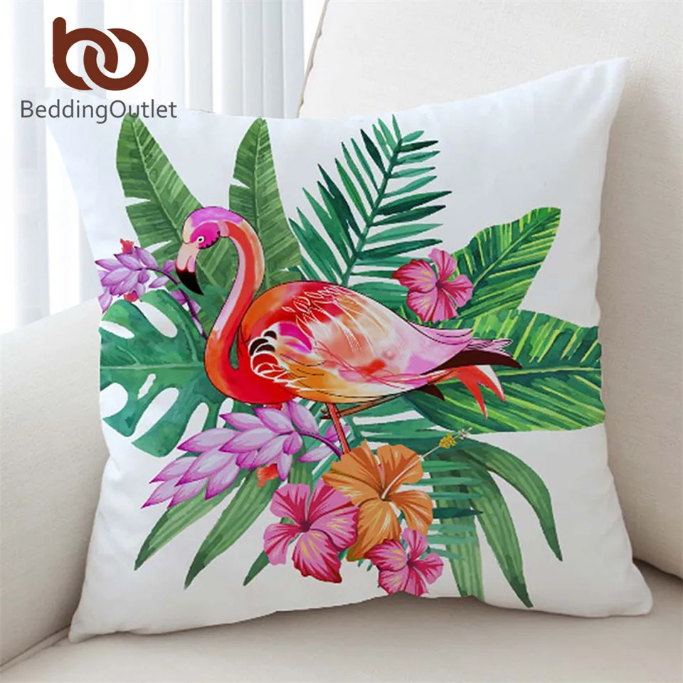

BeddingOutlet Flamingo Cushion Cover Floral Pillow Case Tropical Plant Throw Cover Girls Pink and Green Decorative Pillow Covers