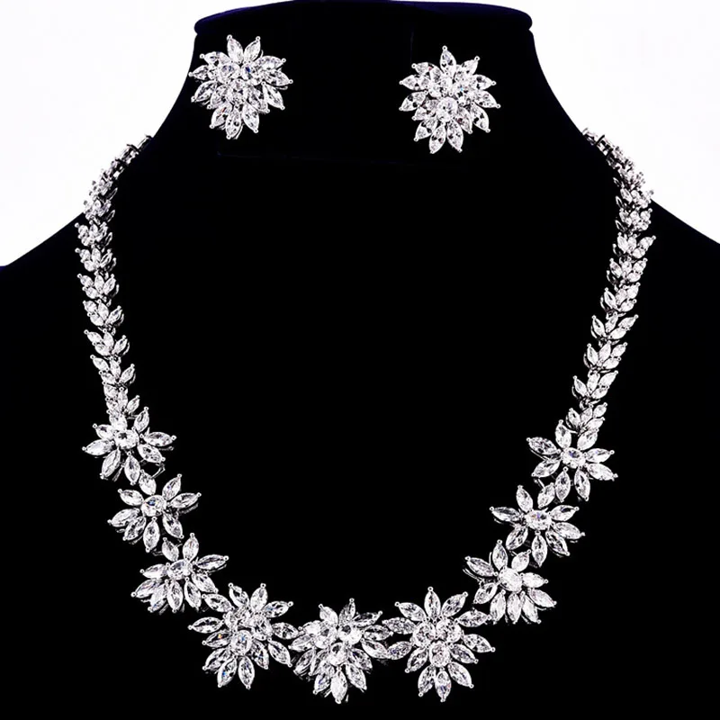 

Elegant Design Big Drop flower Bridal Cubic Zirconia Earrings and Necklace Wedding Costume Jewelry Sets 2018