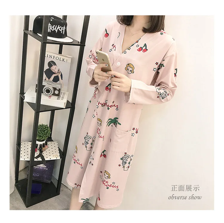 Халат женский длинный хлопок японский стиль кимоно пижамы мультфильм красивый банный халат Женская одежда для сна Повседневный трендовый халат с v-образным вырезом для женщин s
