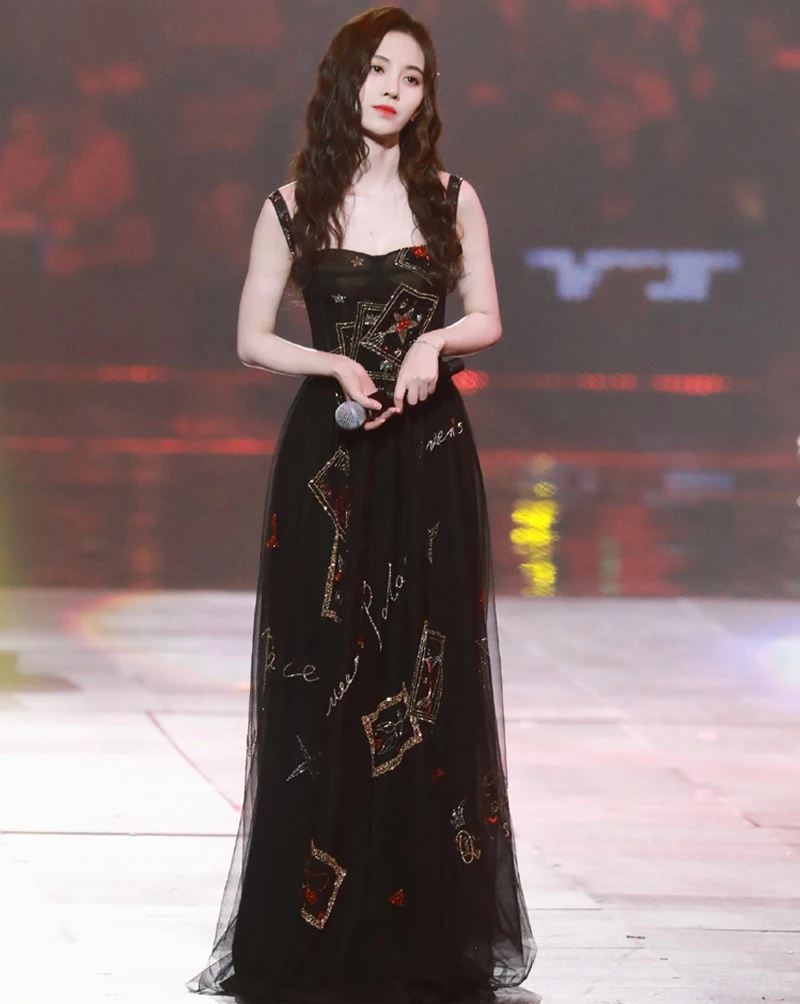 Havey Mesh Embroidery Women Dress Fashion Sequins Black Long Dresses F6216 | Женская одежда