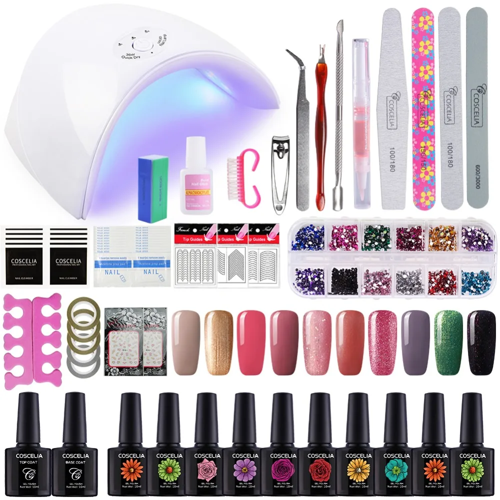 

COSCELIA 36W UV LED Lamp Dryer UV Gel Soak Off Varnish Top Base Coat Manicure Tools 10 Colors Nail Gel Polish For Nail Art Kits