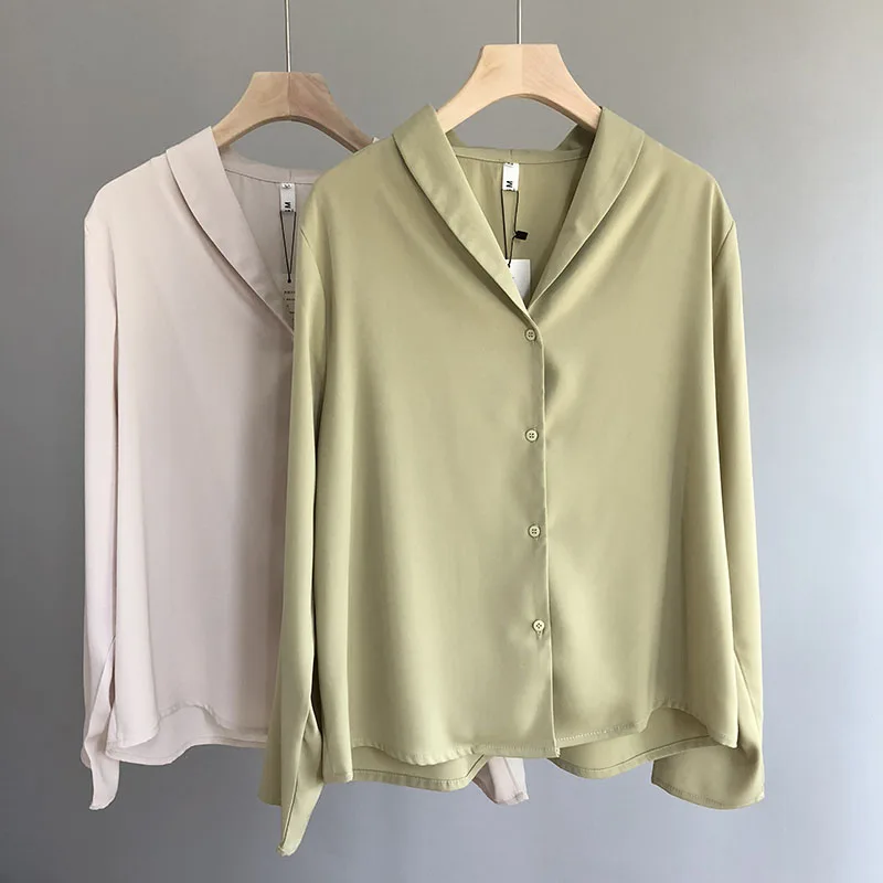 2018 New Autumn Slim Chiffon Blouse Woman Green Solid V