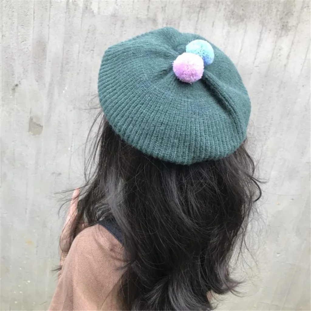 

Princess Autumn Spring bonnet Fur Bobble Wool Baby Hats With Pearls Candy Color Raccoon Warm Retro Baby Girl Beret Cap Hair Ball