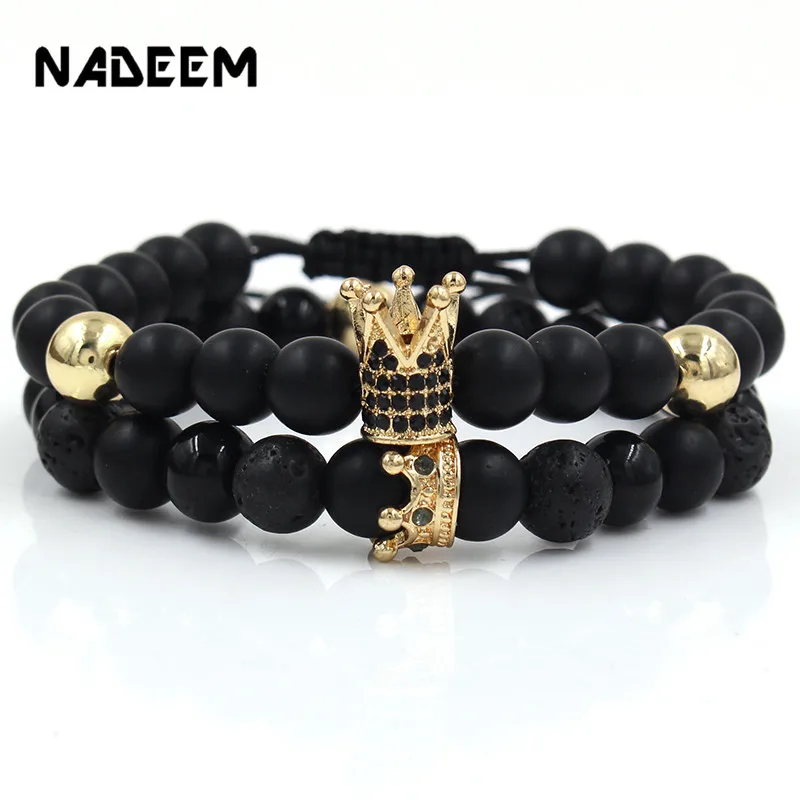 

2pcs/set Micro Pave CZ Crown Charms Couple Bracelets Sets for women Men 8mm Balck Matte beads stone Bracelet jewelry bileklik