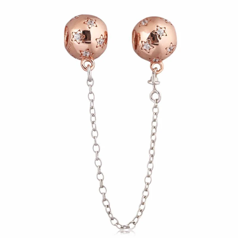 

New 925 Sterling Silver Bead Charm Rose Gold Starry Night With Crystal Safety Chain Bead Fit Pandora Bracelet Bangle DIY Jewelry