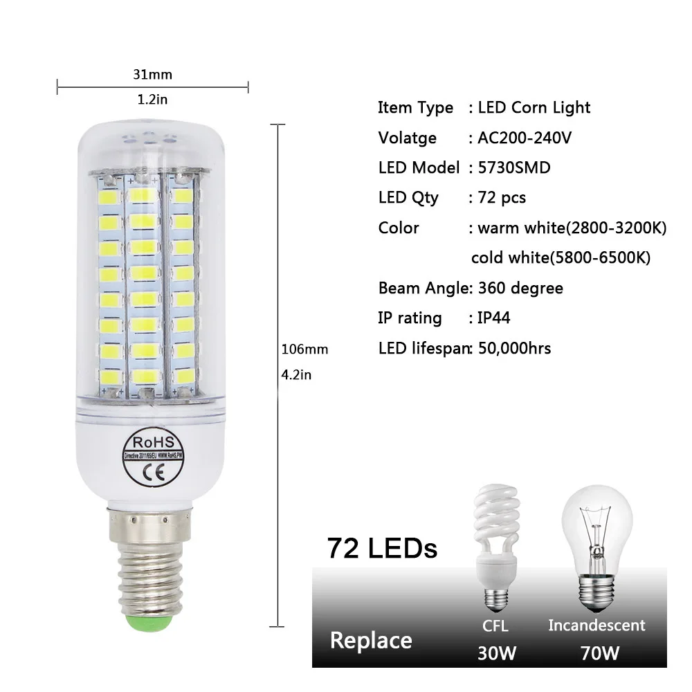 1 шт. 5730 SMD 24 36 48 56 69 72 светодиодный s E14 Светодиодный светильник CFL 10 Вт-30 Вт AC220V 230 В Светодиодный прожектор для внутреннего освещения с CE ROHS