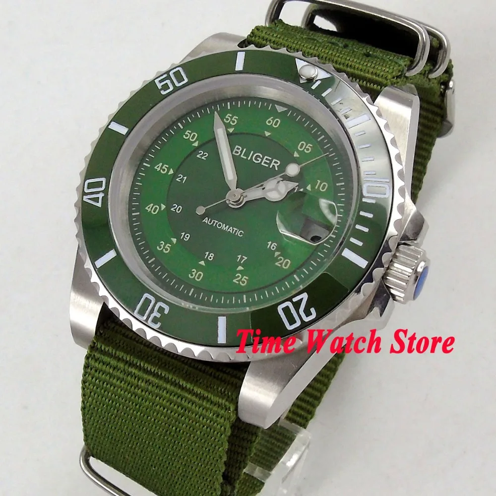 Luxury 40mm BLIGER men's watch green dial date magnifier luminous