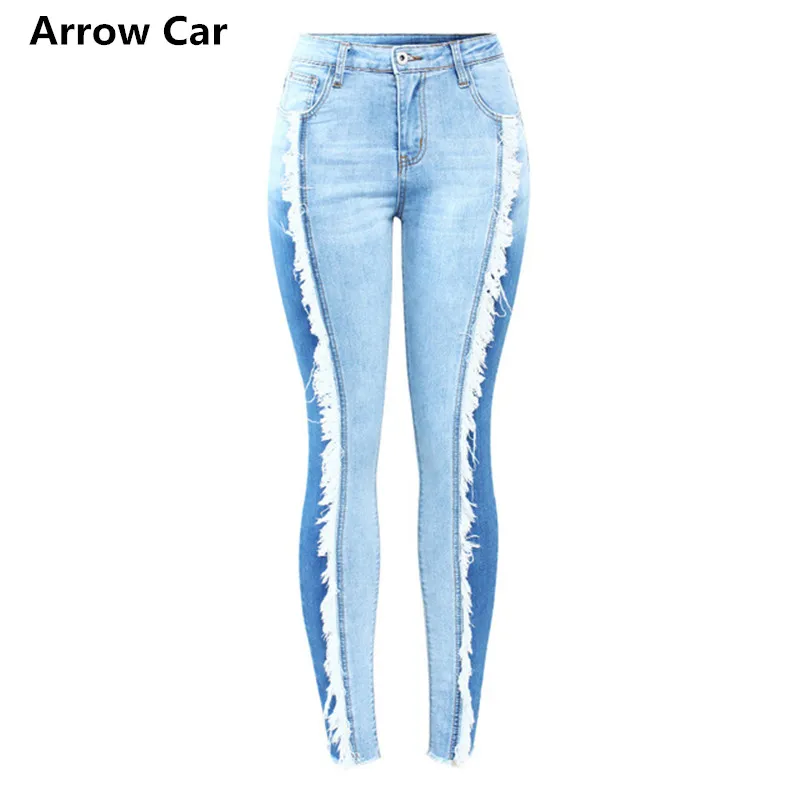 Women Stretch White tassels Jeans With High Waist Elasticity Plus Size