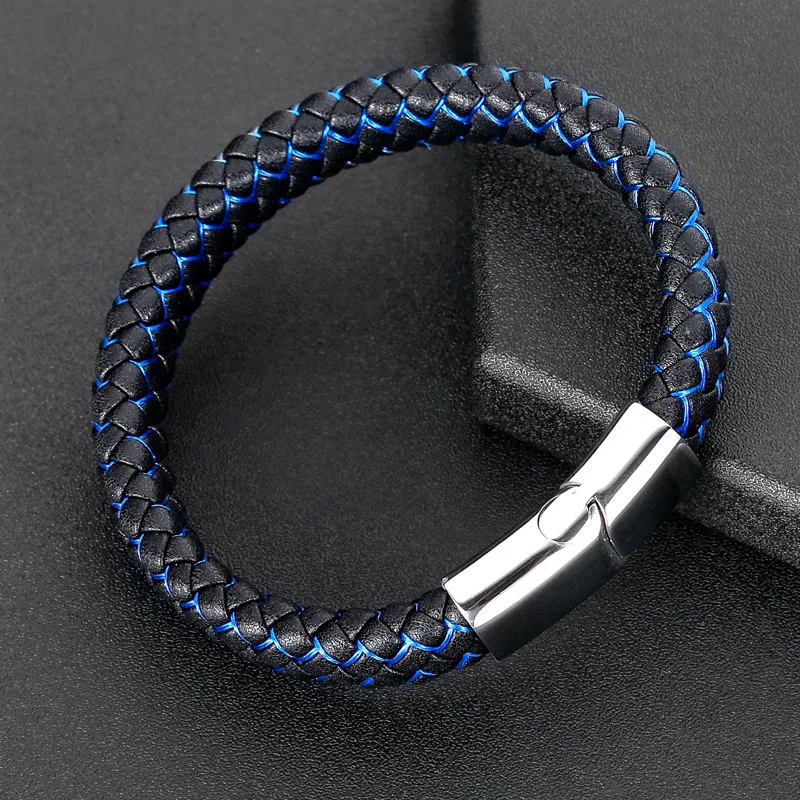

New Fashion Men Jewelry Punk Braided Leather Bracelet for Men Stainless Steel Magnetic Clasp Black Blue Bangles Gifts