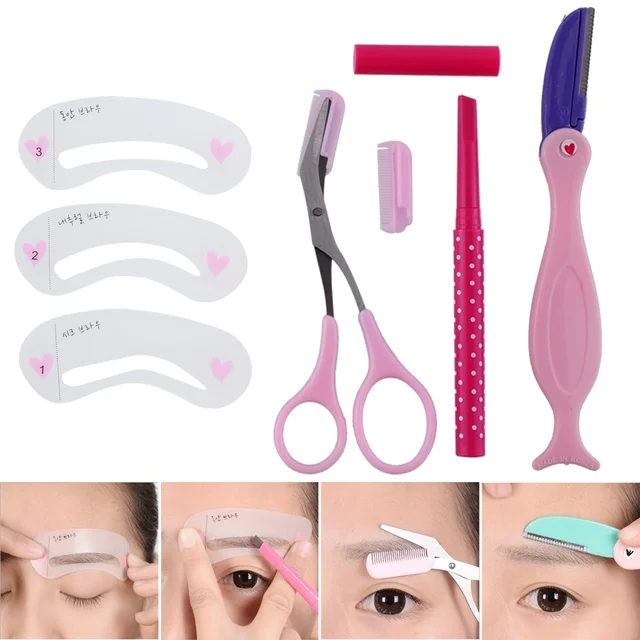 Best Offers 4 in One eyebrow thrush Thrush Eyebrow Shaping Tools with Brown Eyebrow Pencil 1 Set Eyebrow Stencils Makeup Tools Set