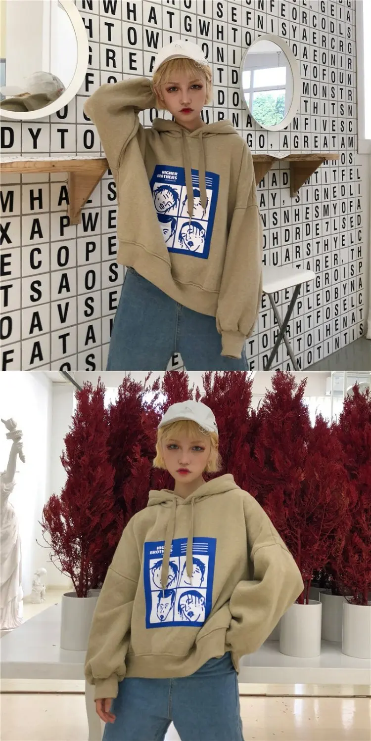 Модные женские толстовки, корейский Ulzzang Harajuku, мультяшный принт, свободный свитер с капюшоном, толстовки, женская повседневная одежда