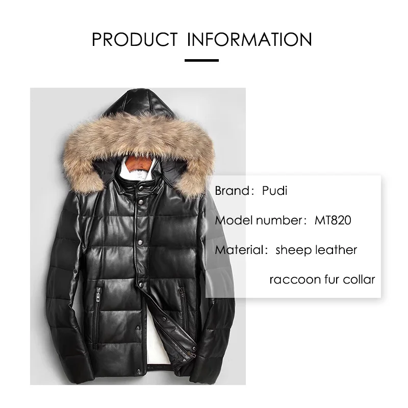 PUDI MT820 мужские новые модные куртки из овечьей кожи пуховые куртки с воротником из меха енота осенне-зимняя повседневная верхняя одежда