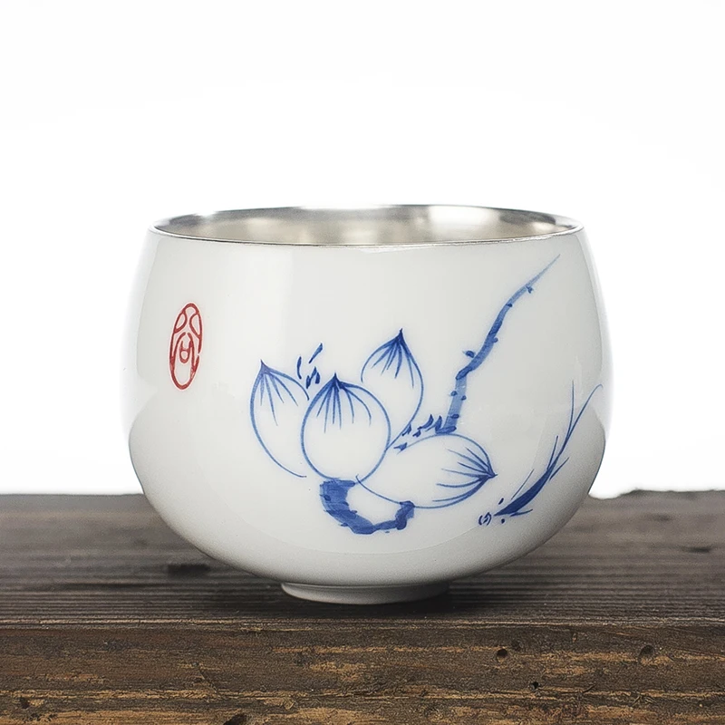 

ceramic silver tea cup 999 sterling silver kung fu tea cup hand-painted white porcelain tea set pure handmade gift to family