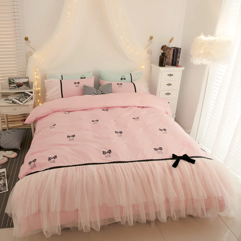 جديد الأميرة نمط الوردي الأخضر تنورة نوم حاف مجموعة غطاء 100% القطن الفراش مجموعات التوأم الملكة الملك حجم الفتيات فرش أطفال مجموعات