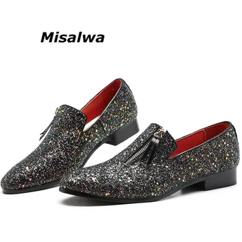 

Misalwa Men's Glitter Dress Loafers Zipper Classic Party Wedding Shoes Black Silver Fashio Mocassin Homme Plus Size Dance Shoes
