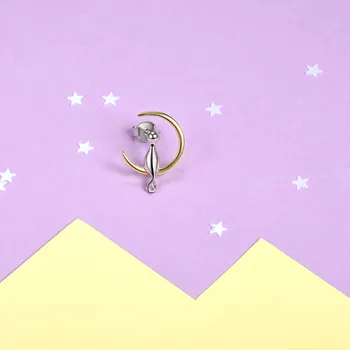 

Moon Cat Stud Earrings 925 Sterling Silver Cat Sitting on the Crescent Moon Earrings Cute Cat Jewelry E6010B