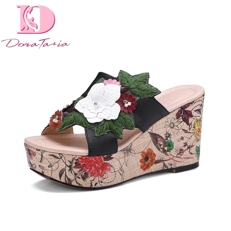 

DoraTasia 2018 Genuine Leather Size 34-39 Fashion Flower Sandals Shoes Women Platform Summer Slippers Shoes Leisure
