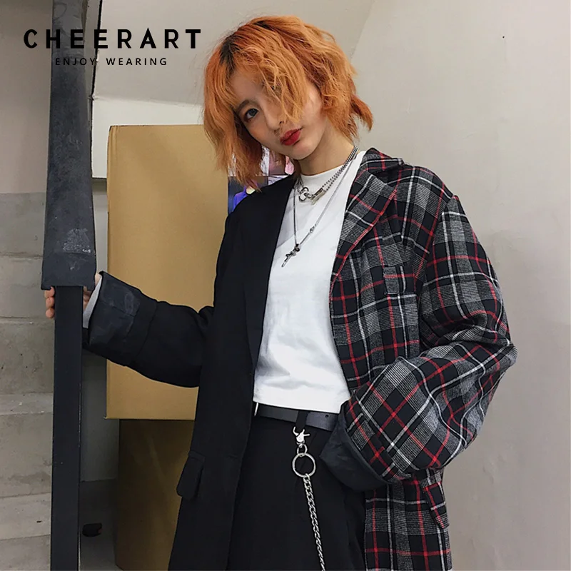 Cheerart Harajuku для женщин пиджаки для и куртки лоскутное плед черный Blaser Длинный блейзер верхняя одежда куртка пальто 2018