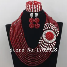 Модные Африканские свадебные бусы комплект ювелирных изделий красного цвета с украшением в виде кристаллов нигерийские бусы ожерелье браслет серьги C0020