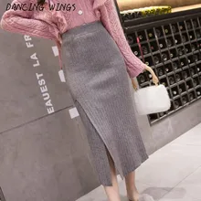 Миди юбки для женщин осенняя и зимняя плотная трикотажная юбка для женщин с высокой талией сексуальная юбка с разрезом