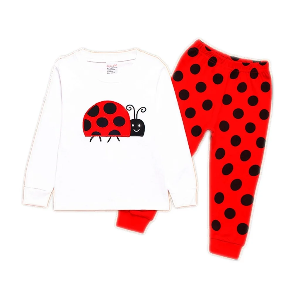 Embroidery Ladybug Baby Girls Pajamas Suits 100% Cotton Girl's Sleepwear Autumn Clothes 2-7 Year Tee Shirts Trouser 2-Pieces Set | Детская