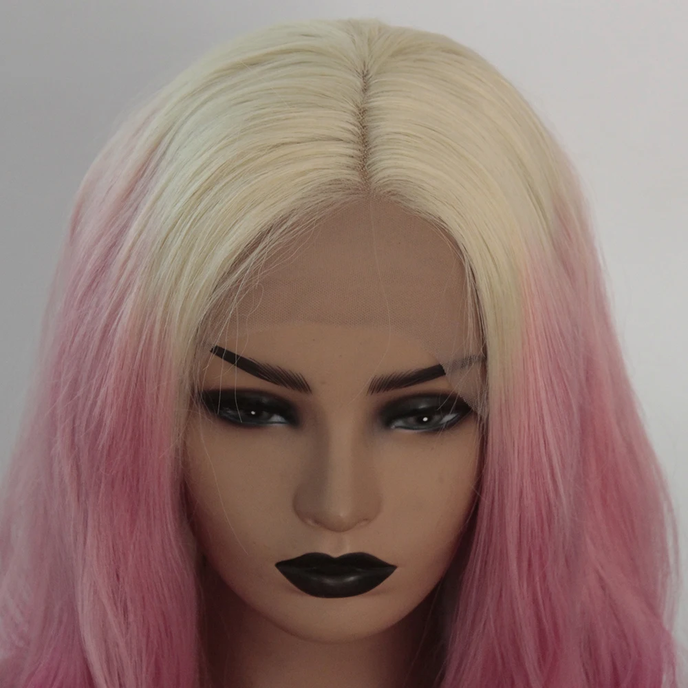 Blonde Ombre Pink Lace Front Wig Synthetic Long Body Wave Wavy Fancy Female Wigs-10