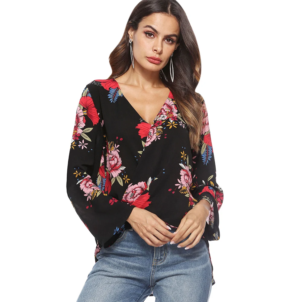 Wipalo Womens Tops And Blouses Floral Print Plunge Deep V Neck Blouses