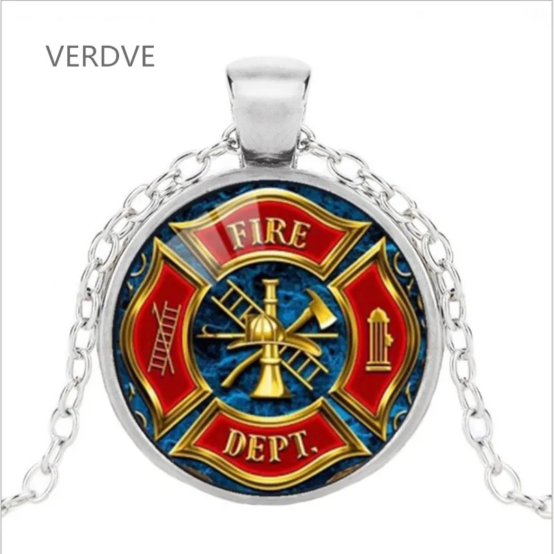 

VERDVE Firefighter Symbol Glass Fashion Pendant Necklace DIY Handmade Fire Dept Jewelry Vintage Charms Trendy Men Women Gift